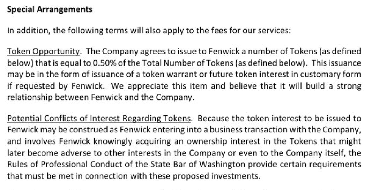 People are coming forward and sharing that law firm Fenwick &amp; West, the law firm used by FTX/Alameda, was very predatory in their contracts. They tried to sneak 0.5% token allocations into their *engagement letters*. This is *HIGHLY IRREGULAR* and borderline unethical for big law