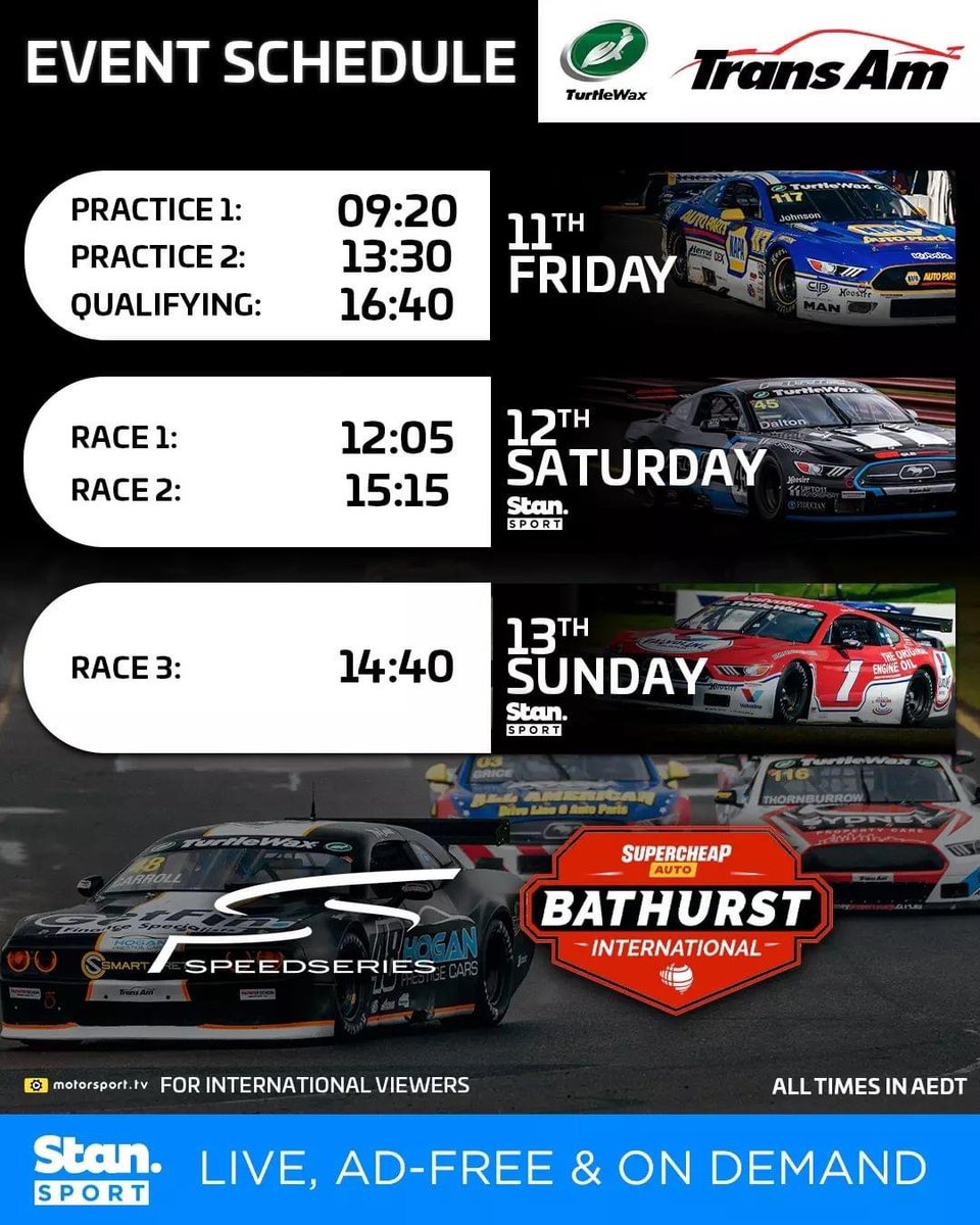 Robert’s schedule for the weekend. Keep in mind they are 16 hours ahead of Eastern USA time. 

<a href="/GoTransAm/">The Trans Am Series</a> 
<a href="/FranklinRoadCo_/">FranklinRoadApparel</a> 
<a href="/SabeltAmerica/">Sabelt America</a> 
<a href="/Stilo_USA/">Stilo Helmets</a>
