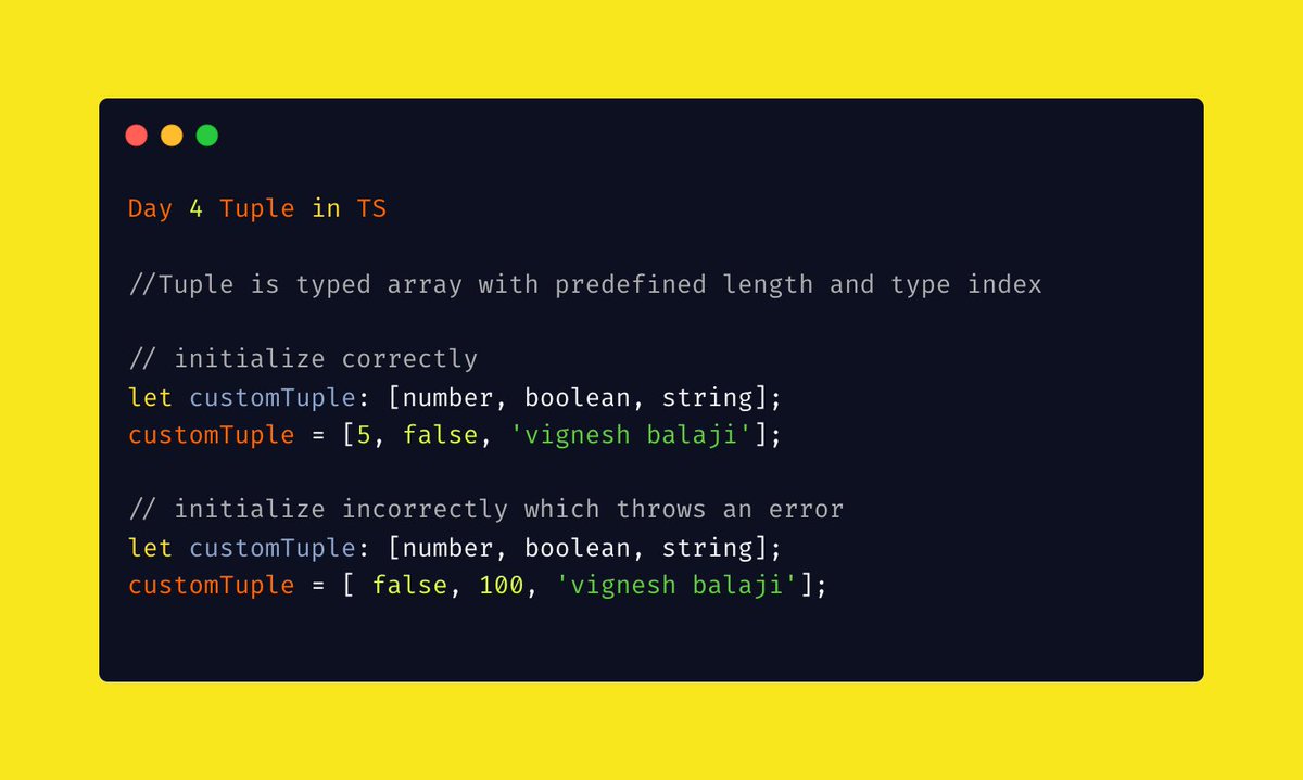 vigneshbaladev's tweet image. Tuples are typed array with fixed length

❤️Like, 🔁retweet

#typescript #ts #tsc #coder #javascript #js #es6 #ecmascript #html #htmlcss #css #css3 #website #webpages #websitedesign #webdeveloper #code #dev #frontenddev #websiteblog #es7 #es9 #100daysofcode