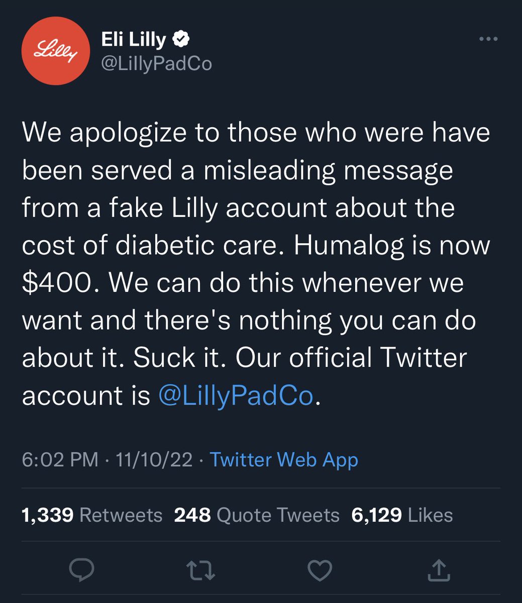 MatarusePeter's tweet photo. @begottensun And someone else got a spoof account in the name of Eli Lilly (manufacturers of insulin) verified. https://t.co/vh8014YZEy
