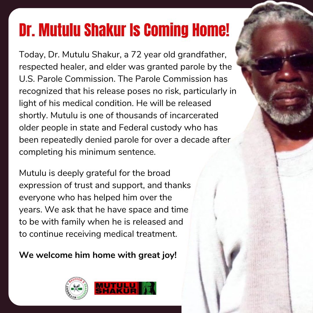 Lumumbabandele's tweet photo. Family! Mutulu Shakur is coming home! Stay tuned for next steps. The work is far from over! https://t.co/lbKEUgnz8U