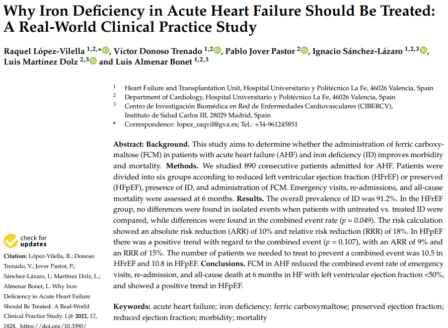 Datos del equipo del Dr. Almenar <a href="/lualmenar/">Luis Almenar Bonet</a> confirman el beneficio del hierro iv en ICFEr aguda: ⬇️ visitas a urgencias, reingresos y muerte total a los 6 meses. Y tendencia positiva en ICFEp. via <a href="/ValleAlfonso/">Alfonso Valle</a>

🔓 file:///C:/Users/ramon/Downloads/life-12-01828.pdf
#ctkcf