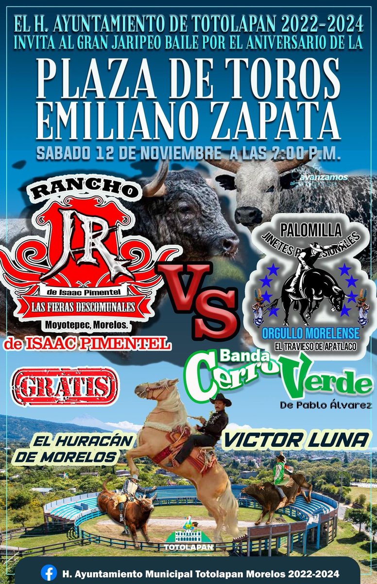 sergio_livera's tweet photo. 🐂🎤🎺  Te esperamos en el #JaripeoRanchero en la Plaza de Toros "Emiliano Zapata" #Totolapan. 

📆 12 de noviembre
⏰ 7:00 P.M.
🎫 Entrada gratuita 

#juntosavanzamosalprogreso #PorUnMejorTotolapan https://t.co/yoosIYSc6f
