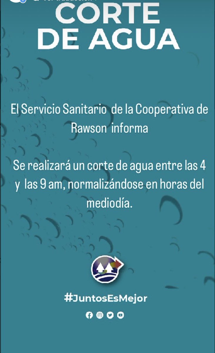 CooperativadeRw's tweet photo. ⚠️El Servico Sanitario de la Cooperativa de Rawson informa, se realizará un corte en el suministro entre las 4:00 y las 9:00 de la mañana, normalizándose en horas del mediodía.💧 https://t.co/YZzuG1gFW2