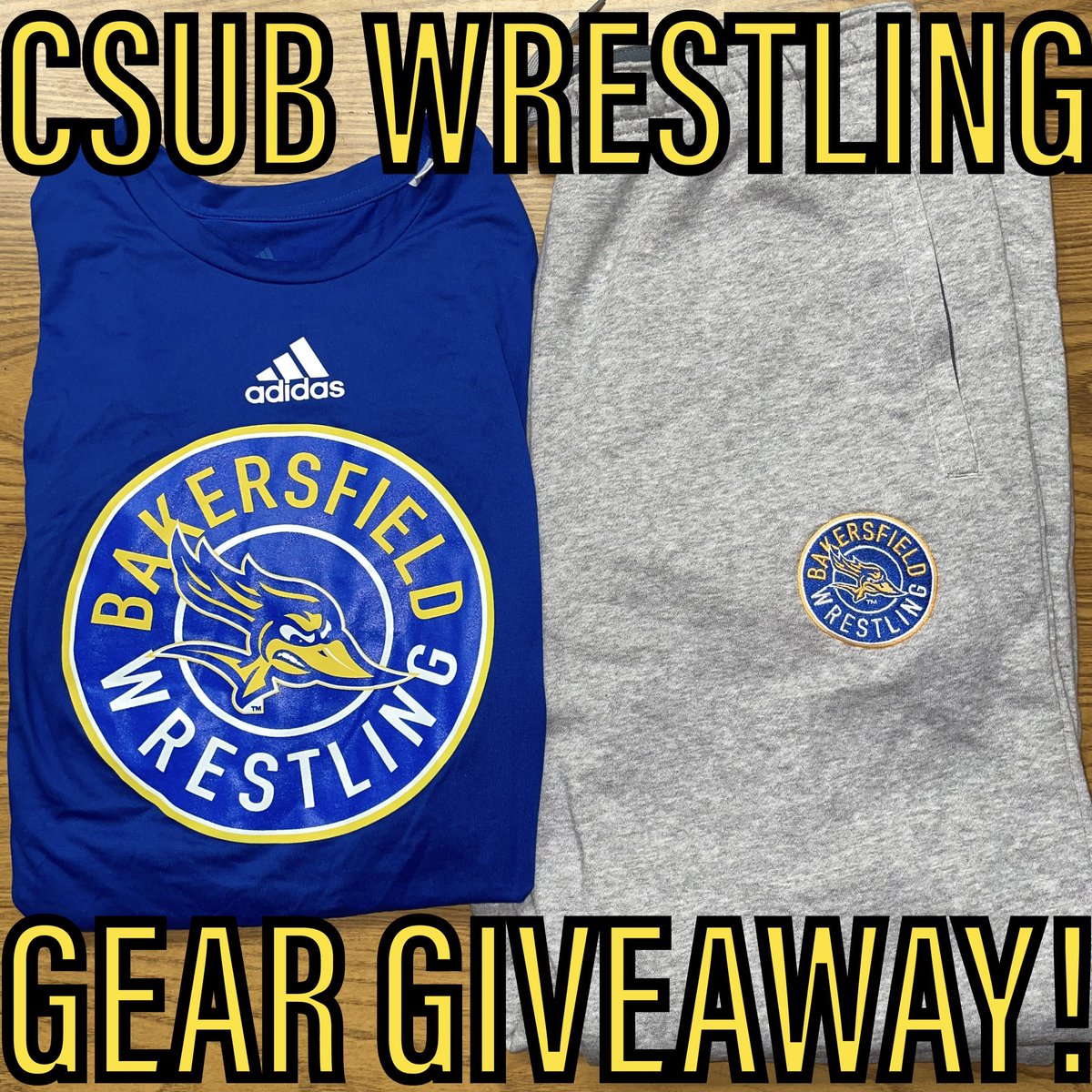 CSUB Wrestling long sleeve t-shirt and sweatpants of your size!

How to enter giveaway:

1. Must be FOLLOWING <a href="/CSUBWrestling/">CSUB WRESTLING</a> 
2. LIKE and RETWEET this post

Only ONE Twitter entry per person. Second entry available on Instagram @csubwrestling and winner will be announced Nov 20th
