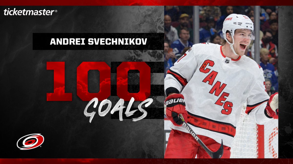 Canes's tweet photo. SVECH HAT TRICK FOR 100 CAREER GOALS https://t.co/BBzGtdIcQW