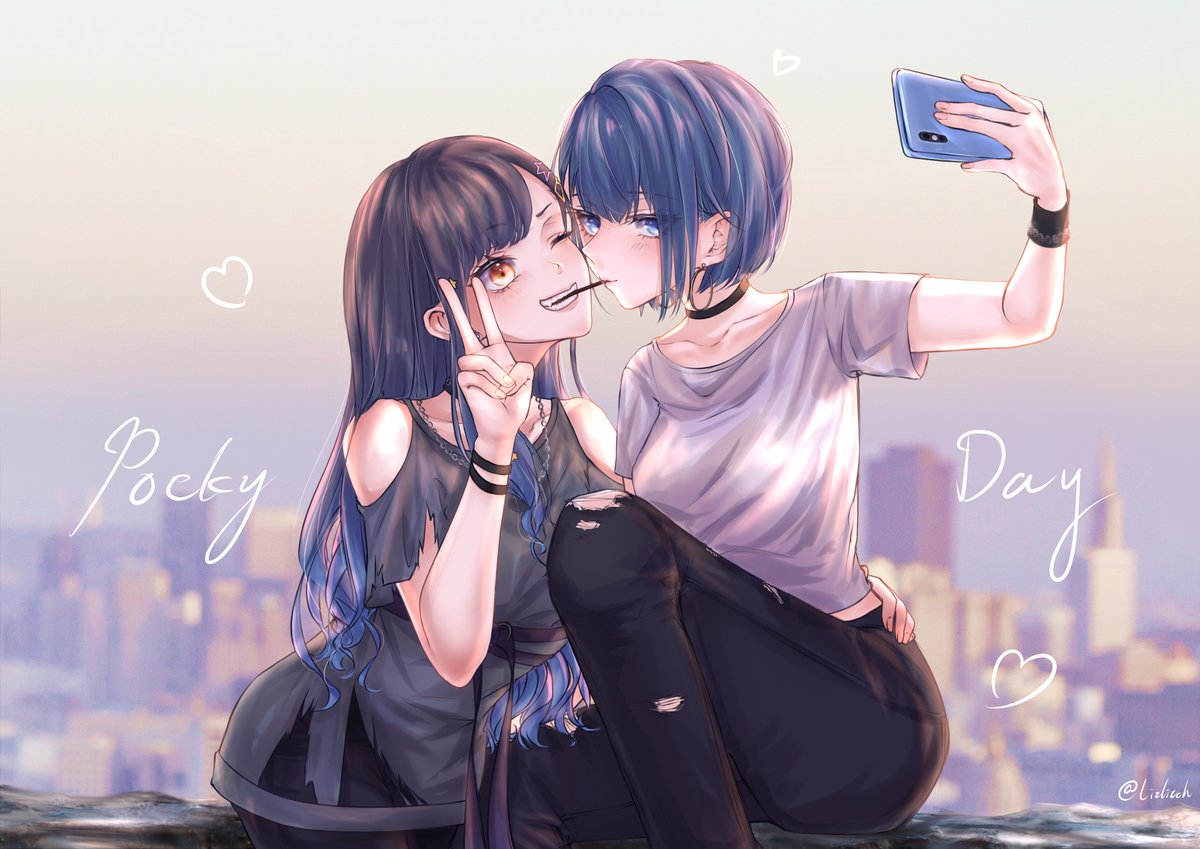 multiple girls 2girls selfie v yuri long hair phone  illustration images