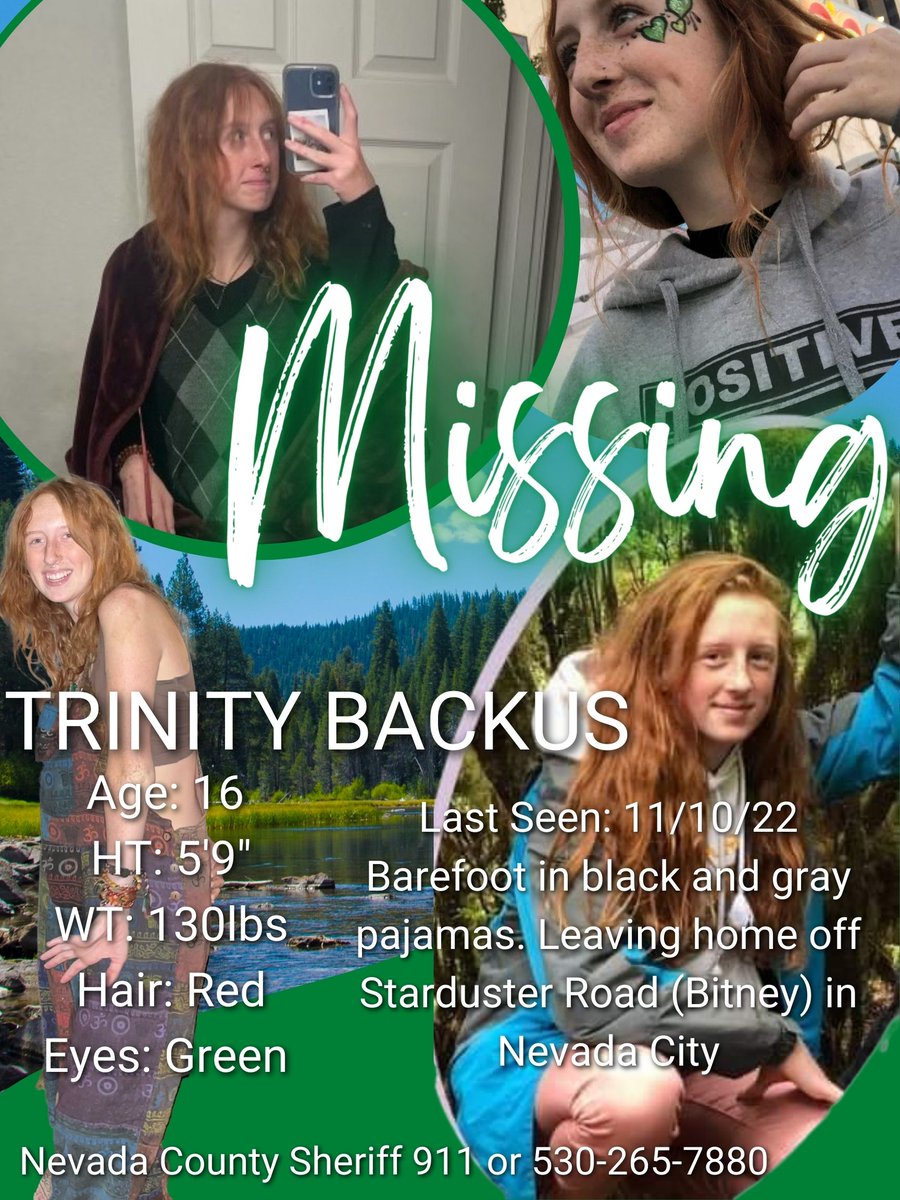 💥💥URGENT MISSING TEEN💥💥

Last night at approximately 10:30pm, 16-year-old Trinity walked away from a residence in the 18000 block of Kentucky Ravine Road. She was barefoot and in PJ's. 

She hasn't been seen since!! Let's use that #KielyRodni energy and #FINDTRINITY #MISSING