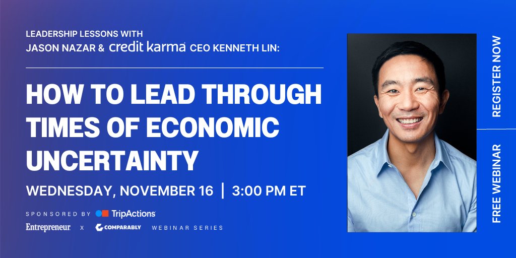 Comparably's tweet photo. Our next "If I Knew Then: Leadership Lessons" episode drops next week with @Entrepreneur! Watch the conversation between @creditkarma's founder/CEO @kennethlin &amp; our founder/CEO @jasonnazar by signing up here: https://t.co/1v65YJvOZ8 #CEOs #leadership #entrepreneurs https://t.co/S7y5Lxf2NP