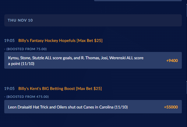B1llyK3nt's tweet photo. The juices are flowing for my BIG Betting Boost tonight!!! Leon Draisaitl Hat Trick and @EdmontonOilers shut out @Canes in Carolina +55000 #wannabet @SIASport
Bonus Boost of my #FantasyHockey Hopefuls +9400 for good measure. #coldsweats https://t.co/MTI6U8RkQJ