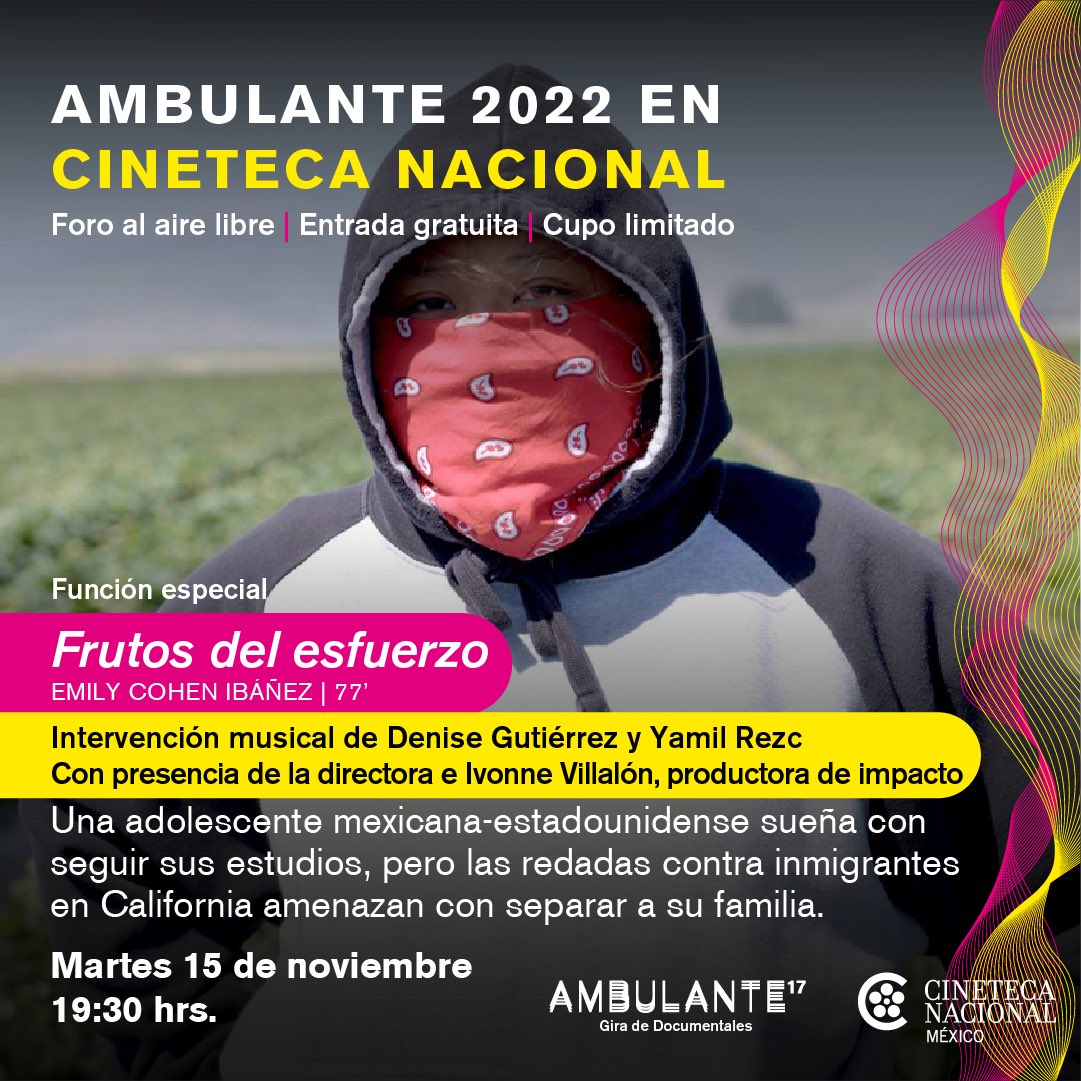 AMBULANTE (@ambulante) on Twitter photo ¡Tenemos función con música en vivo en <a href="/CinetecaMexico/">Cineteca Nacional</a>! 🎥🎼
El próximo martes a las 19:30 nos acompañarán <a href="/denisegume/">Denise</a> (<a href="/HelloSeahorseMX/">Hello Seahorse!</a> y <a href="/MexFutura/">MexFutura</a>) y Yamil Rezc para tocar “Cúrame”, la canción que forma parte de la banda sonora del documental “Frutos del esfuerzo”. ¡Tenemos función con música en vivo en <a href="/CinetecaMexico/">Cineteca Nacional</a>! 🎥🎼
El próximo martes a las 19:30 nos acompañarán <a href="/denisegume/">Denise</a> (<a href="/HelloSeahorseMX/">Hello Seahorse!</a> y <a href="/MexFutura/">MexFutura</a>) y Yamil Rezc para tocar “Cúrame”, la canción que forma parte de la banda sonora del documental “Frutos del esfuerzo”.