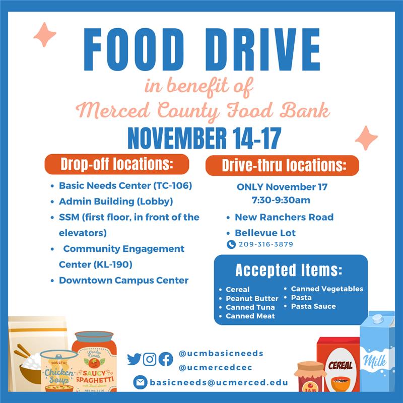 UCMBasicNeeds's tweet photo. One Can, Two Can, Who Can? You Can! 

In honor of Hunger and Homeless Awareness week, Basic Needs and the Community Engagement Center are hosting a can food drive for the benefit of Merced County Food Bank. https://t.co/BtIFfkuqui