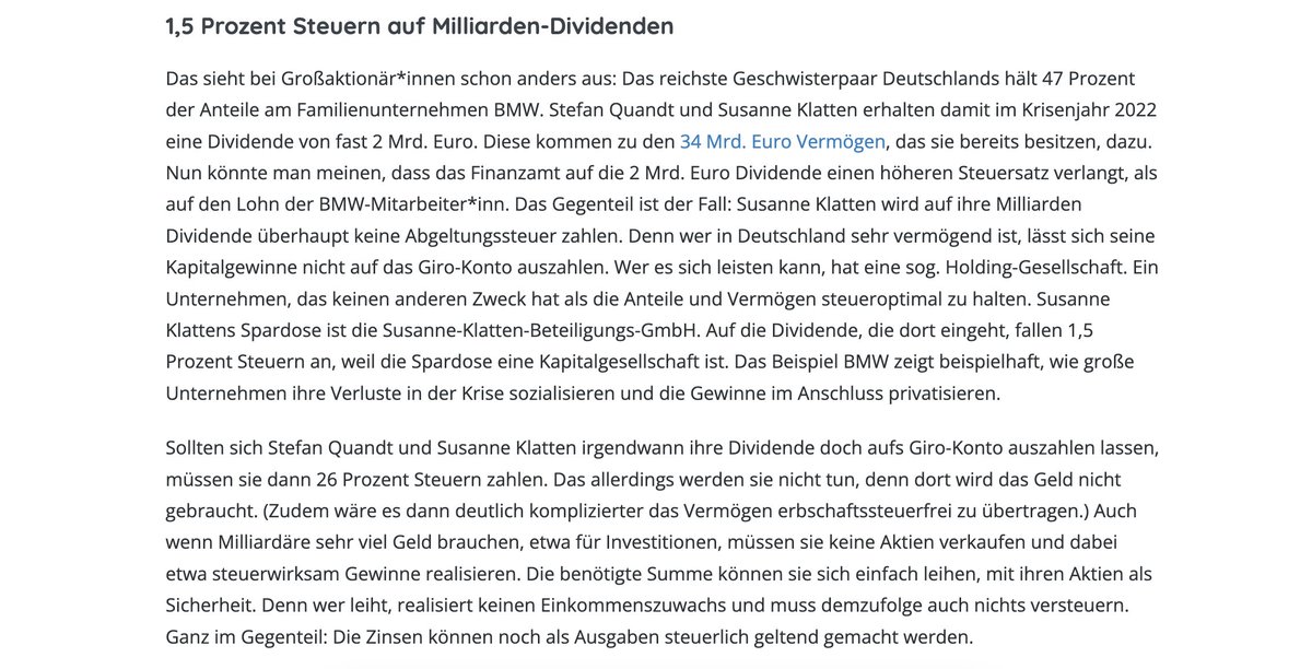 taxmenow_eu's tweet photo. Wer das liest zahlt mehr #Steuern als #BMW-Erbin Susanne Klatten: im Krisenjahr 2022 erhält sie 2 Mrd. € Dividende und zahlt darauf 1,5% Steuern.

Gleichzeitig stimmen die #Ampelparteien gegen eine #Vermögensabgabe, weil dazu nichts im #Koalitionsvertrag steht 🫠🫠🫠
#TaxTheRich https://t.co/DIp7bQBlp5