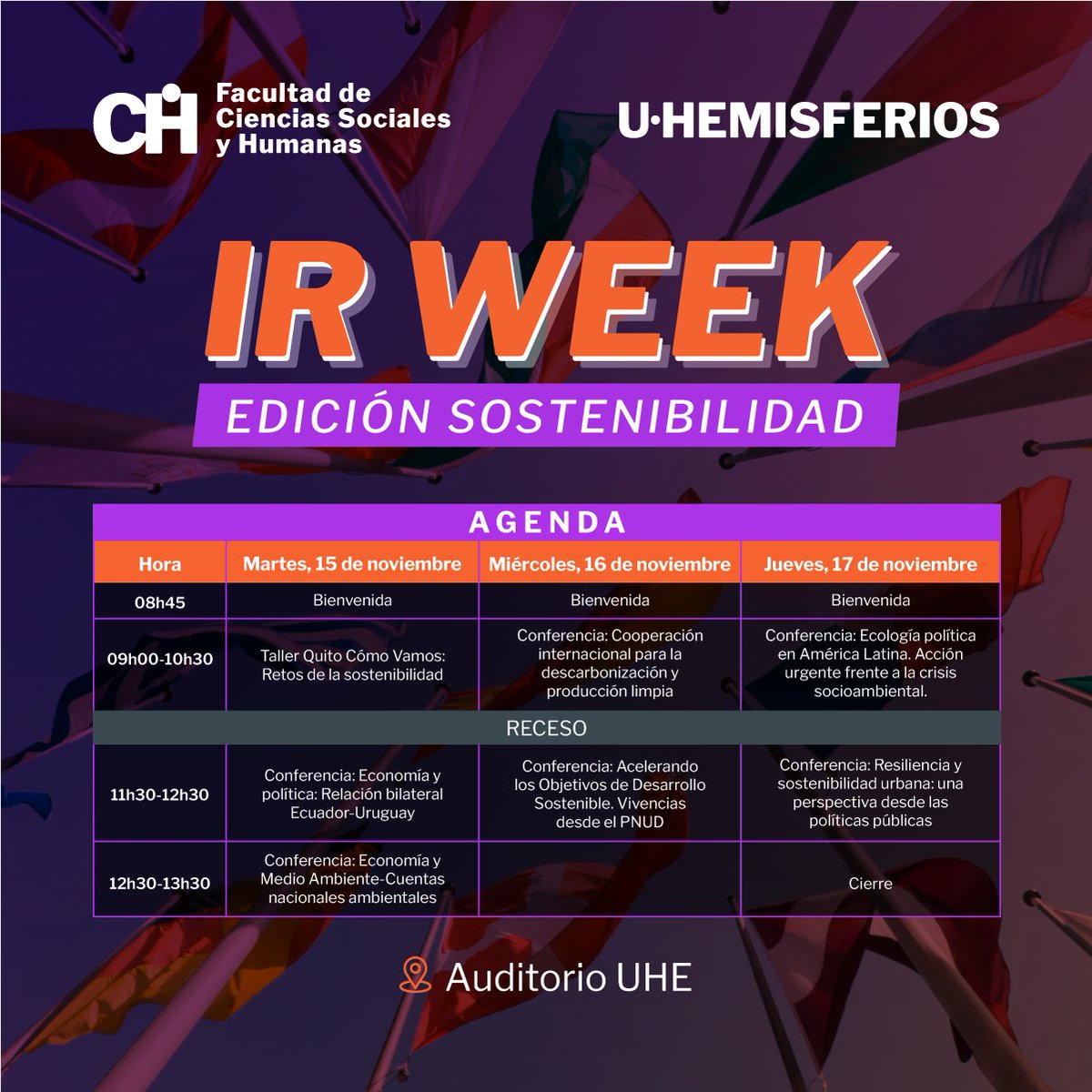uhemisferios's tweet photo. Experimenta el fascinante mundo de las #CienciasPolíticas y las #RelacionesInternacionales en nuestra #IRWeek. 👩🏻💼🇪🇨🇰🇷🇬🇧
¡Te esperamos del 15 al 17 de noviembre en el Auditorio de la Universidad Hemisferios! 💜🧡
#SéParteDeAlgoMásGrande #IRWeekUHE #LoQueHacesConTuCarreraImpacta https://t.co/JscE18adUb
