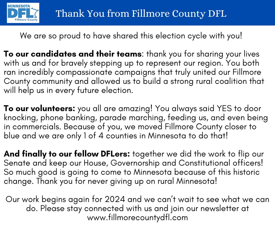 fcdfl's tweet photo. 2 primaries, 2 elections, whew! Thank you for your leadership and commitment to our area, @SouthernMN4Jeff and @DanWilsonMN. It was our privilege to work with you and your teams. 
And look at that little blue arrow! Together we nudged Fillmore County a little more blue. 💙 https://t.co/GMfixwyctX