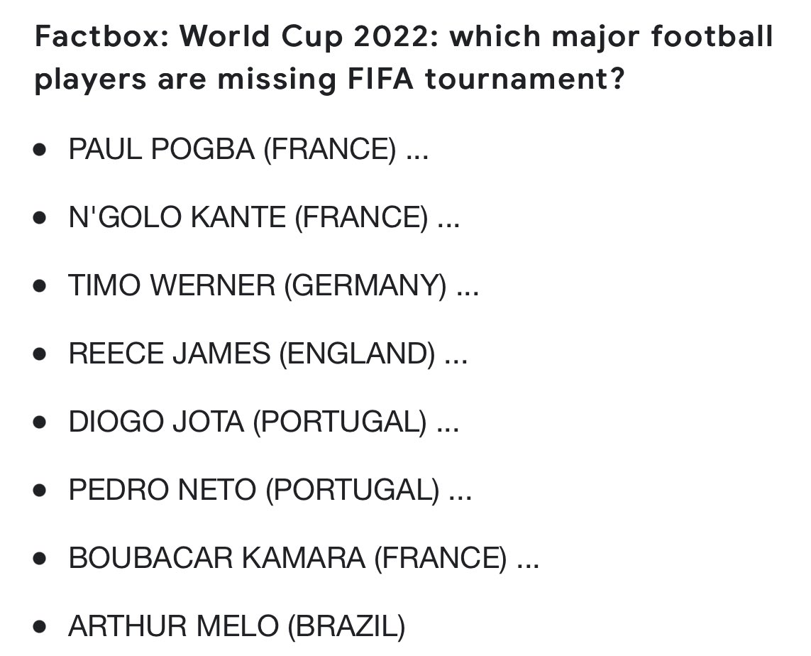 So #WorldCup2022 squads being announced. Injuries affecting choices for National team managers. Who is going to be the biggest miss from this World Cup?

<a href="/ReeceJames/">Reece James</a> <a href="/nglkante/">N'Golo Kanté</a> <a href="/DiogoJota18/">Diogo Jota</a>   for us and if <a href="/SMane_Officiel/">Sadio Mané</a> doesn’t make it…

reuters.com/lifestyle/spor…