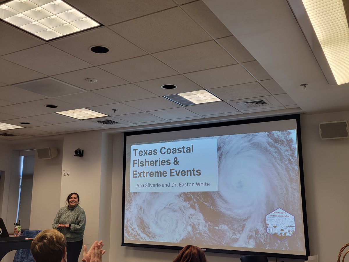Really nice presentation by <a href="/Aqua__Ana/">Ana 🐟 (she/her)</a> (<a href="/QuantMarineEco/">Quantitative Marine Ecology Lab at UNH</a>) on her masters work which focuses on coastal fisheries and extreme events in Texas