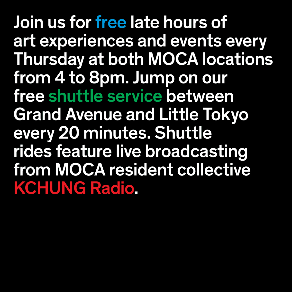 MOCAlosangeles's tweet photo. Do you know what you’re doing on Thursday evenings? We do! 

Beginning tonight, Thursday, November 10, MOCA will present Together Thursdays, offering extended hours at both locations until 8pm! https://t.co/7V3c6hp66g