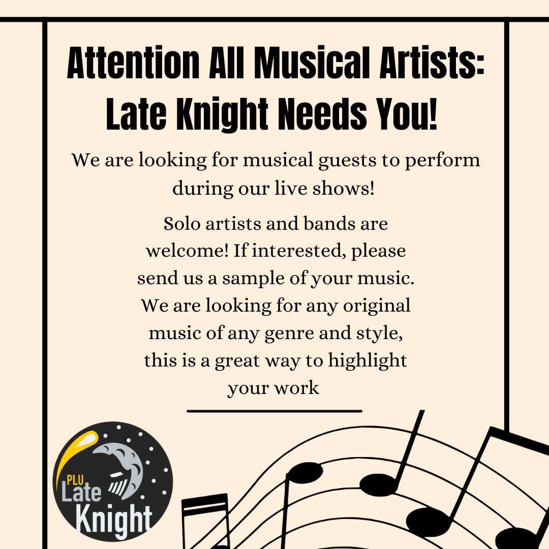 plulateknight's tweet photo. We need you! If interested, please send us 2-3 song recordings. Send this post to anyone you want to see on our show!!
#lateknight #plu #pnw #pacificnorthwest #washingtonstate #pacificlutheranuniversity #music #performance #comedy #comedyshow #college #artist https://t.co/zMWiPs1uiY