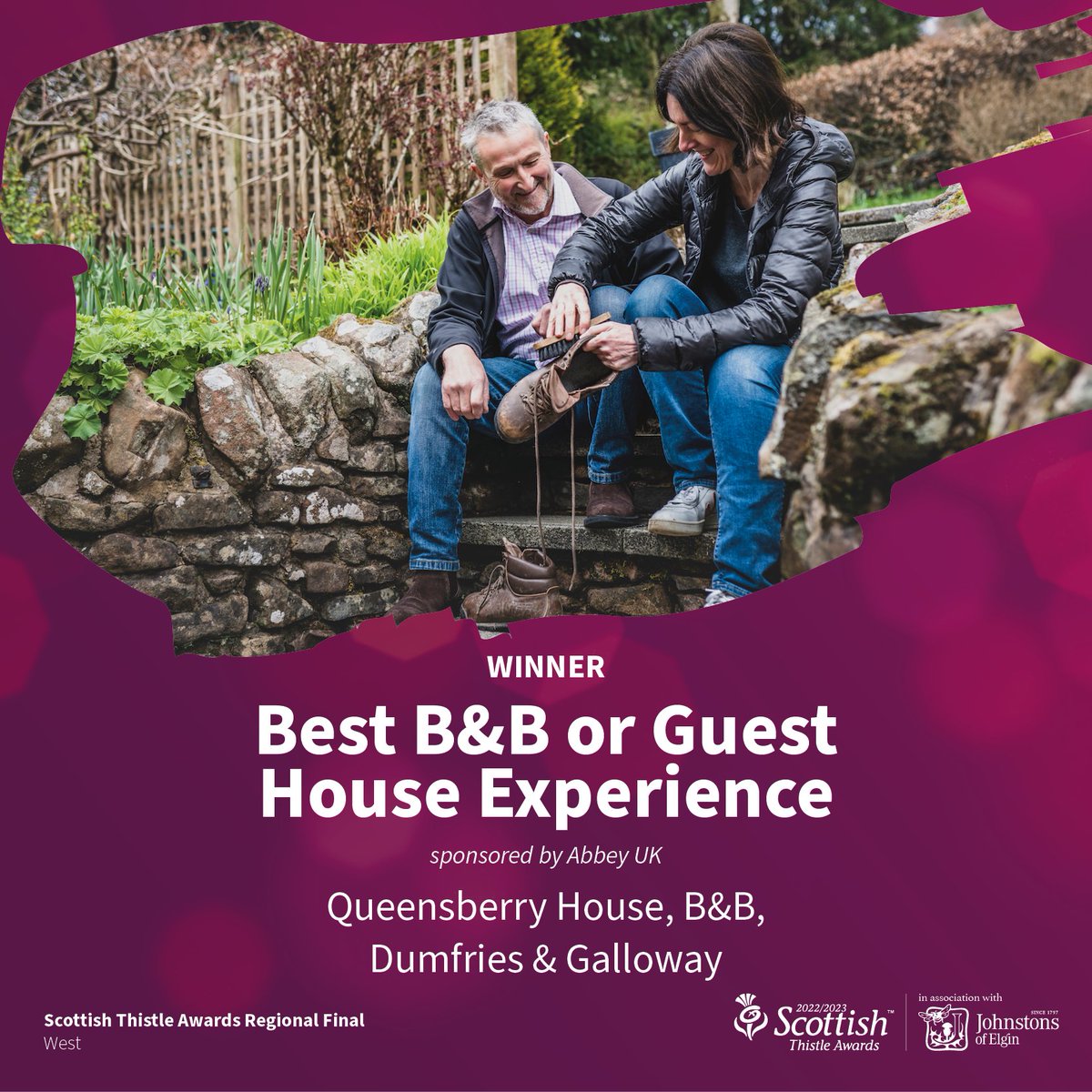 And the award for Best B&amp;B or Guest House Experience in the West goes to <a href="/QH_Moffat/">Queensberry House B&B, Moffat 🏴󠁧󠁢󠁳󠁣󠁴󠁿</a> 
#ThistleAwards <a href="/AbbeyIrelandUK/">Abbey - The Destination Experts</a>