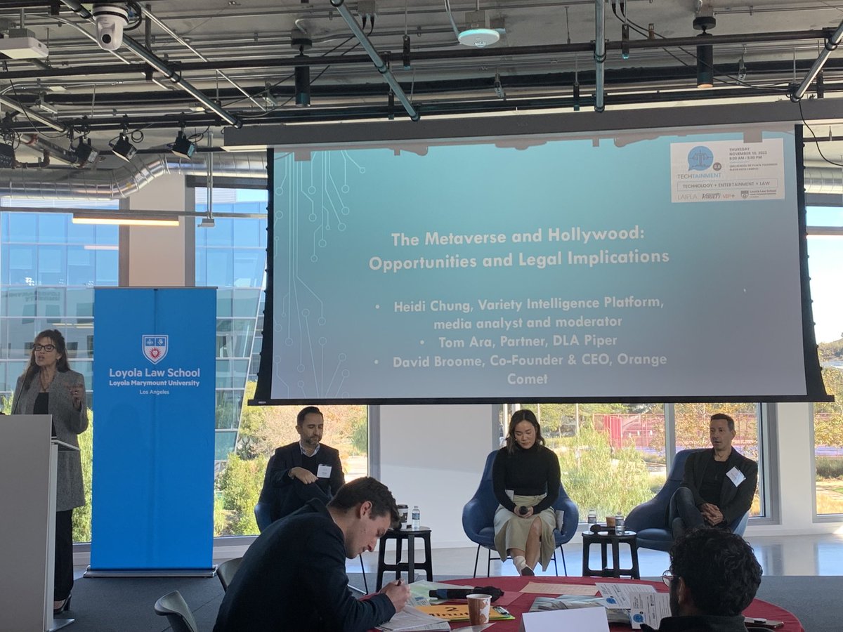 LoyolaLawSchool's tweet photo. LLS Entertainment & Media Law Institute Director Julie Shapiro ‘89 introduces “The Metaverse & Hollywood: Opportunities & Legal Implications” featuring Tom Ara ‘99, @Variety’s Heidi Chung and Orange Comet’s David Broome at #TechTainment 8.0 held with @LAIPLA https://t.co/rT3tquHjUV