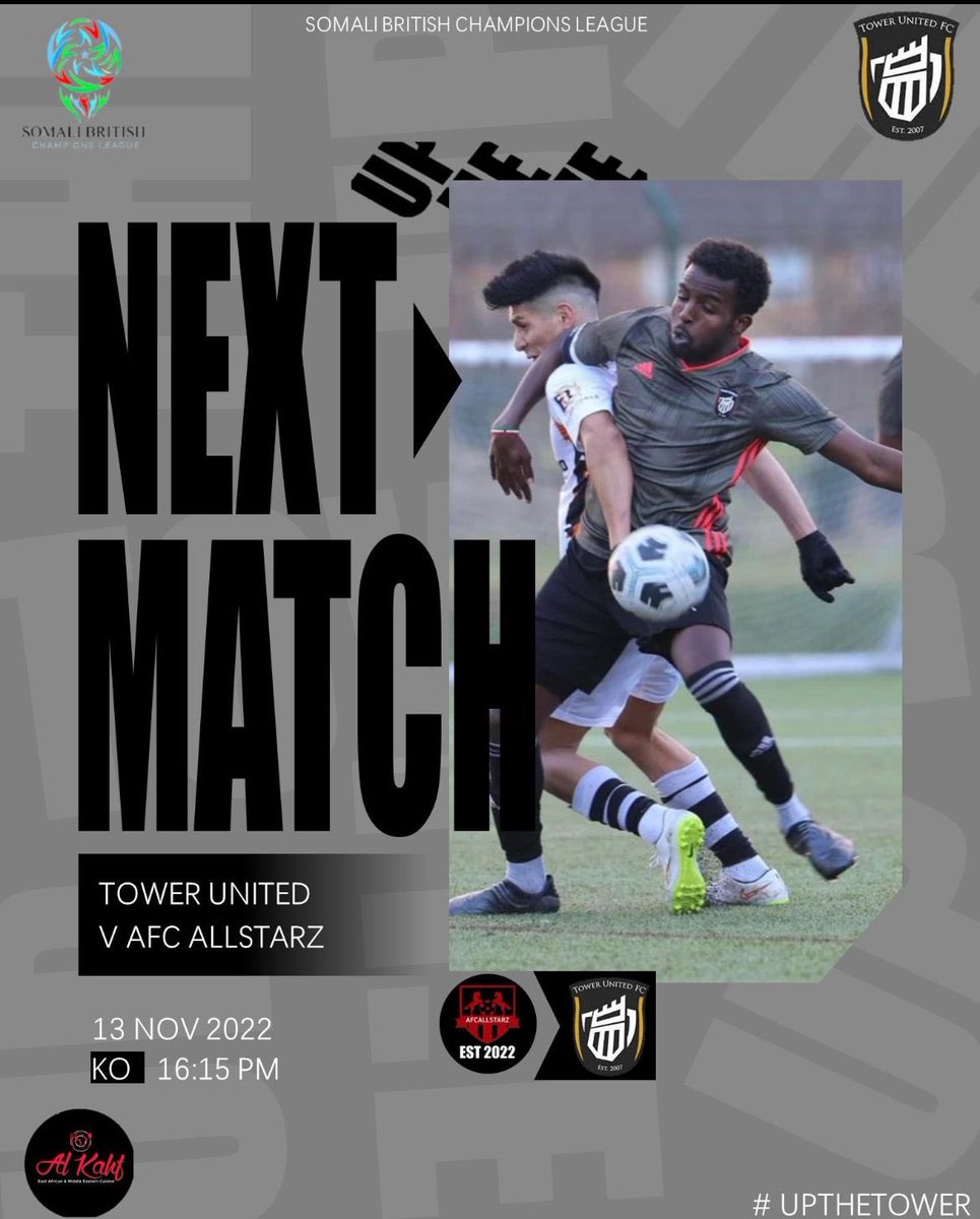 TowerUtdFC's tweet photo. On Sunday we face another East London side AFC All Starz in our 2nd game of the Somali British Champions League. Expecting a great local derby. #UpTheTower #AlKhaf @SomaliBritishCL https://t.co/W4nNo0ZLrf