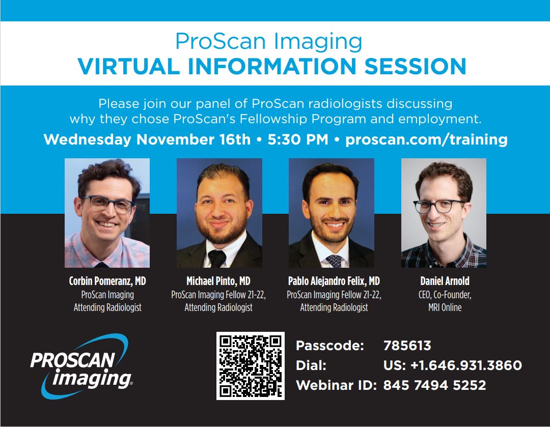 Join us Wed, Nov 16th, @ 5:30 PM EST to learn more about our Fellowship Program and practice with former Fellows and current Rads. Discuss our partnership with @themrionline 
@futureradres #Match2023 #radres #RadiologyMatch #radiology #MedTwitter #futureradres #NeuroRad #MSKRad