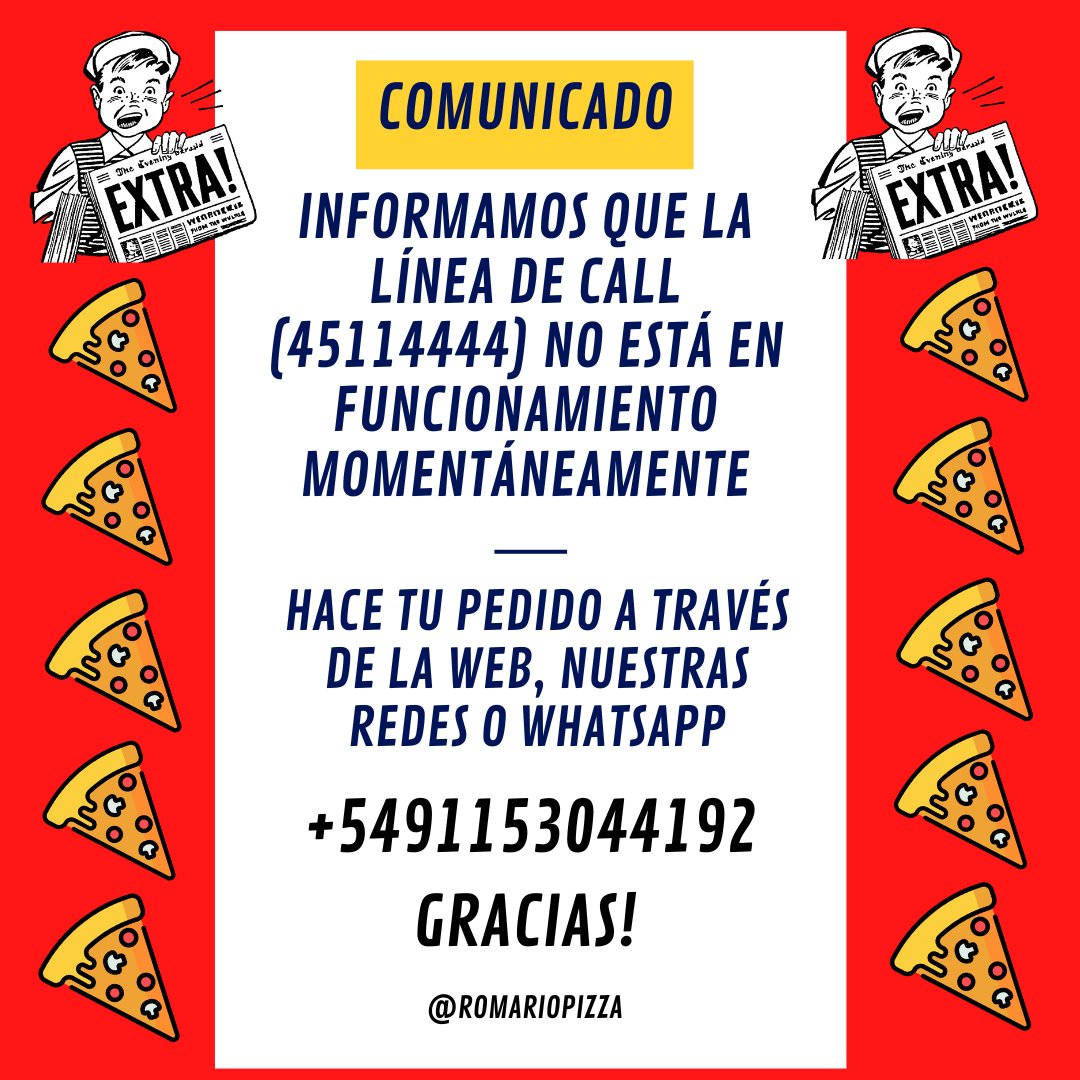 romariopizza's tweet photo. Podes seguir haciendo tu pedido a través de la web de https://t.co/6HGO63wV7K, nuestras redes o WhatsApp. 👍
Recordá que si lo haces por la web obtenés un 15% de desc. eligiendo abonar un efectivo y retirar por el local 😀
#romariopizza 🍕
vení a disfrutar 🤗 https://t.co/UDLBnloB5z