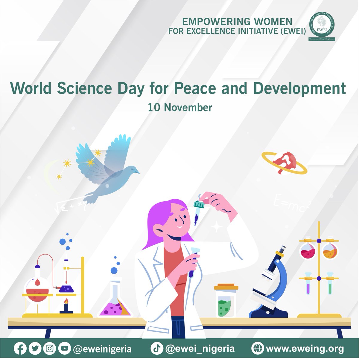 eweinigeria's tweet photo. On #WSDPD we believe that opening the pathway and dismantling biases that prevent girls from dreaming of a career in science will encourage more women and girls in science.
@UNTrustFundEVAW @UNESCO @UN_Women @awdf01 @MalalaFund @girlsalliance @GirlsNotBrides @UN @MenNigeria https://t.co/3QYzpsKyYp