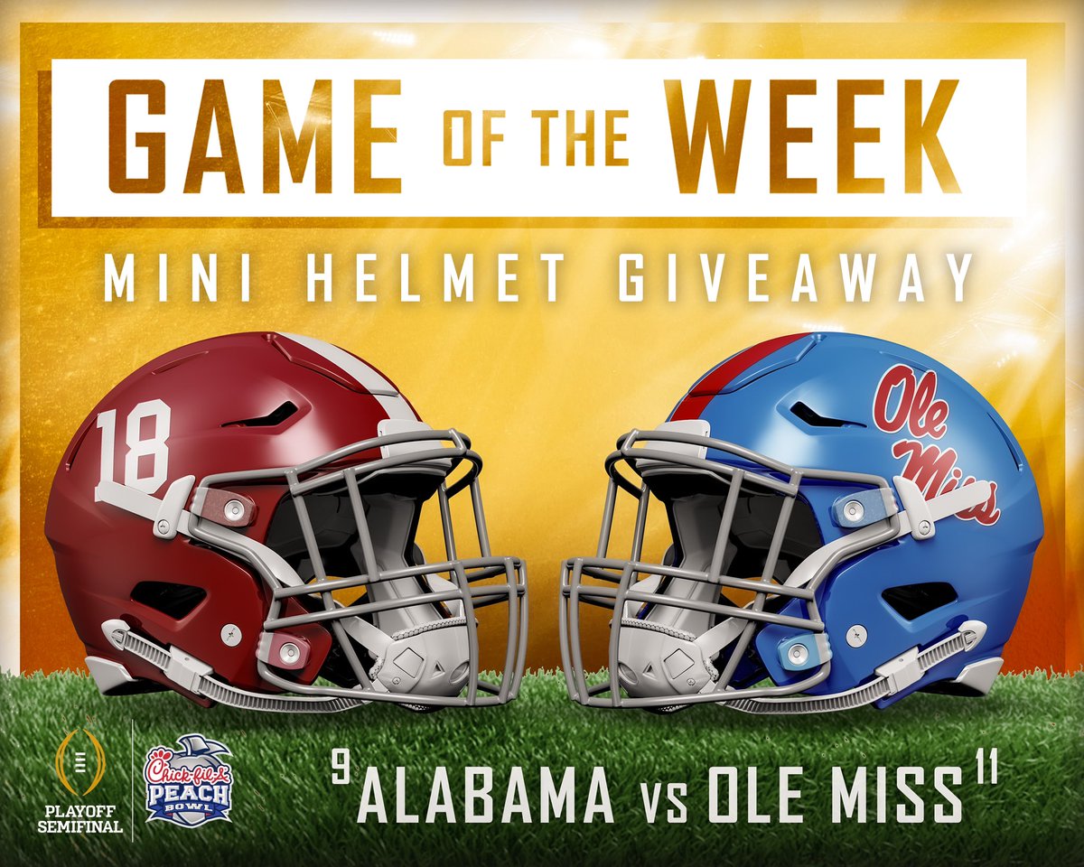 CFAPeachBowl's tweet image. No. 9 Alabama heads to the The Grove to take on No. 11 Ole Miss in an SEC West battle 🏈

For a chance to win a @AlabamaFTBL or @OleMissFB mini helmet:
1️⃣ Follow us
2️⃣ Retweet
3️⃣ Comment who you're cheering for

#RollTide #HottyToddy