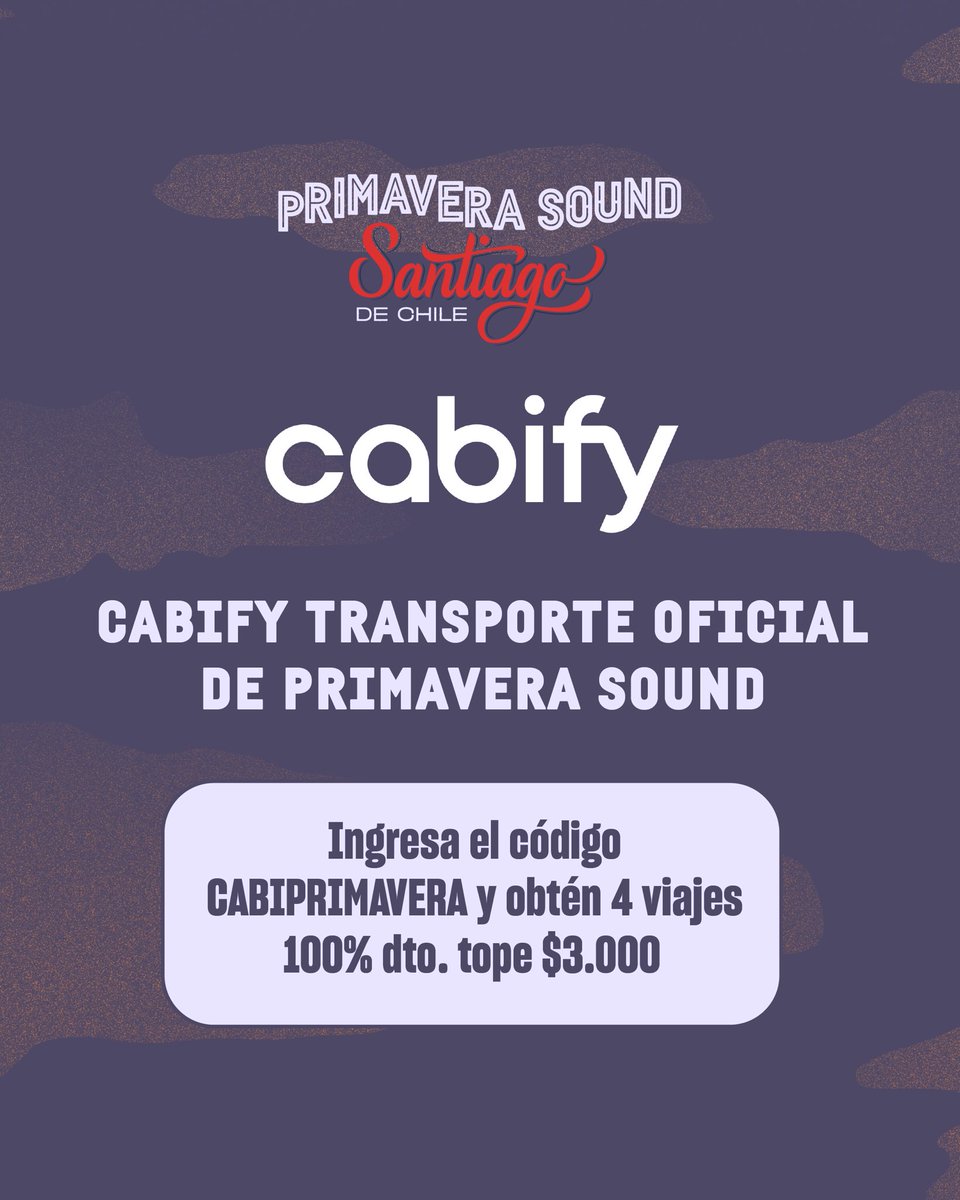 ¡Es cierto! <a href="/Cabify_Chile/">Cabify Chile</a> será nuestro transporte oficial. Programa tus viajes para que llegues y te vayas a gusto de #PrimaveraSoundStgo 🚙 ¡Usa el código CABIPRIMAVERA a partir de mañana!
