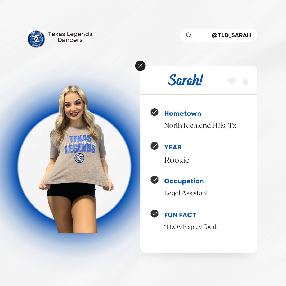 TLDancers's tweet photo. MEET SARAH✨

“This season, I’m looking forward to creating friendships with my teammates and cheering on the Legends!!” 

You can keep up with Sarah this season @tld_Sarah✨

Home Opener is less than a week away! Come cheer on the legends this season with Sarah and @TLDancers https://t.co/XhFvdaHiPy
