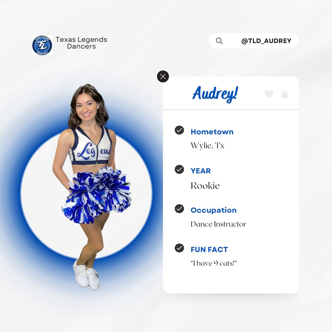 TLDancers's tweet photo. MEET AUDREY✨

“This season, I’m looking forward to the first we get to dance on the court as a team!!” 

You can keep up with Audrey this season @tld_audrey✨

Home Opener is less than a week away! Come cheer on the legends this season with Audrey and @texaslegendsdancers https://t.co/zlkn4AEb9Z