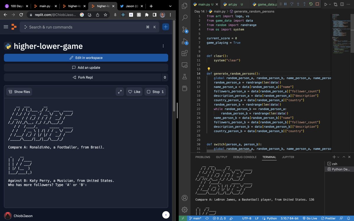 jasonthe_dev's tweet photo. Day 14 of #100daysofpython #100DaysOfCode
Built Higher Lower Game
https://t.co/RNAIqTs7rM https://t.co/Y223g6jSTZ