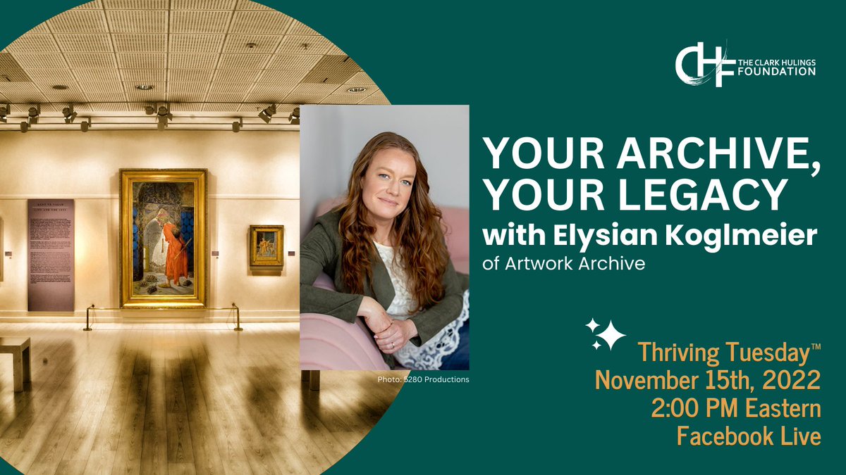Don't miss Thriving Tuesday™ Nov 15th on FB live! "Your Archive, Your Legacy" with Elysian Koglmeier @ArtworkArchive facebook.com/events/8428017… #artbusiness #entrepreneurship #salesstrategy #thrivingartists #professionaldevelopment #artistsontwitter #archive #legacy #strategy