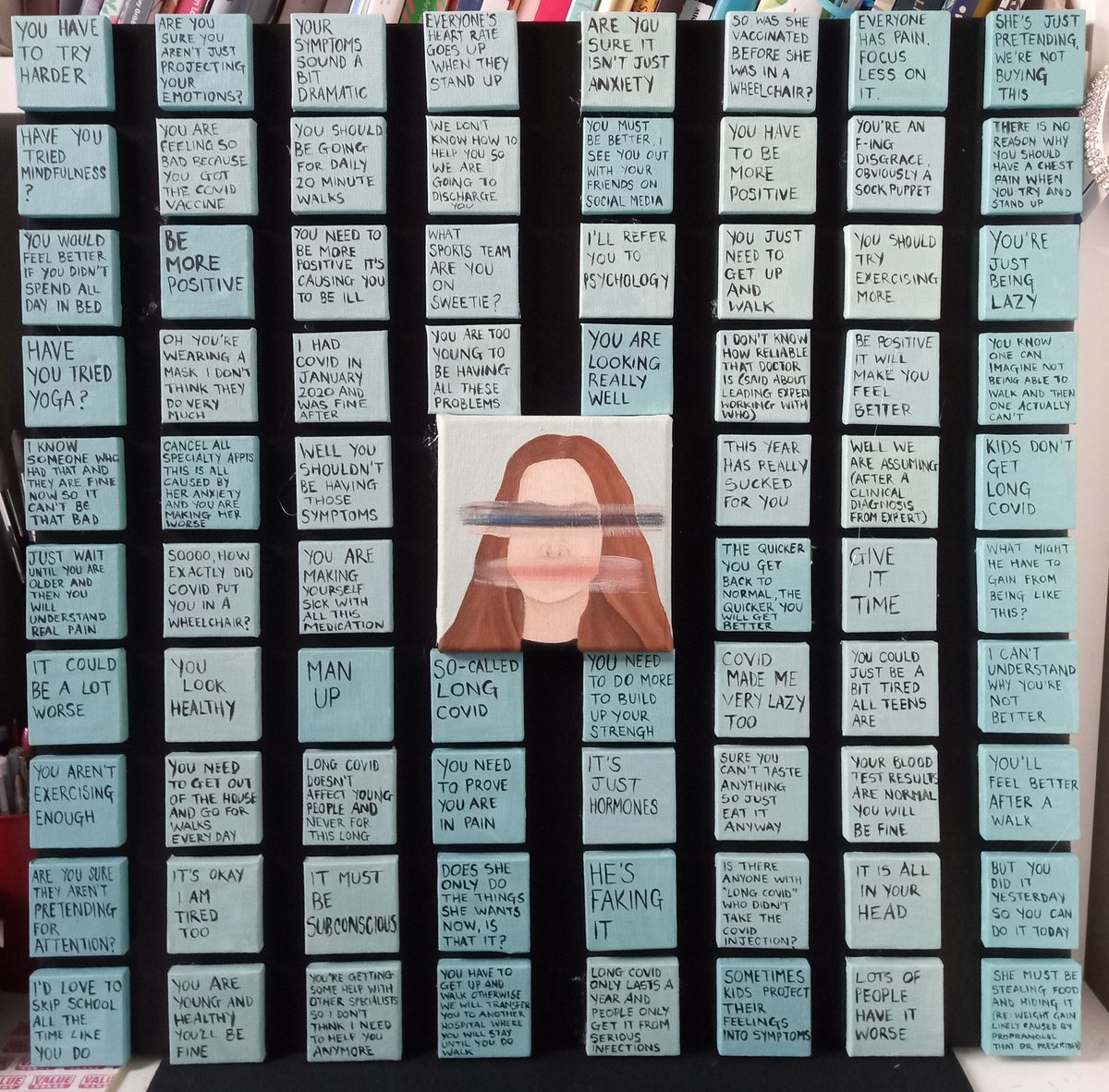 baldypidge's tweet image. This piece from the forthcoming @LongCovidKids exhibition is called I Am Sill Here. The central self-portrait was christened The Rona Lisa by a troll on Twitter. My daughter decided to use this as a way to highlight some of the awful things people say to #longcovidkids