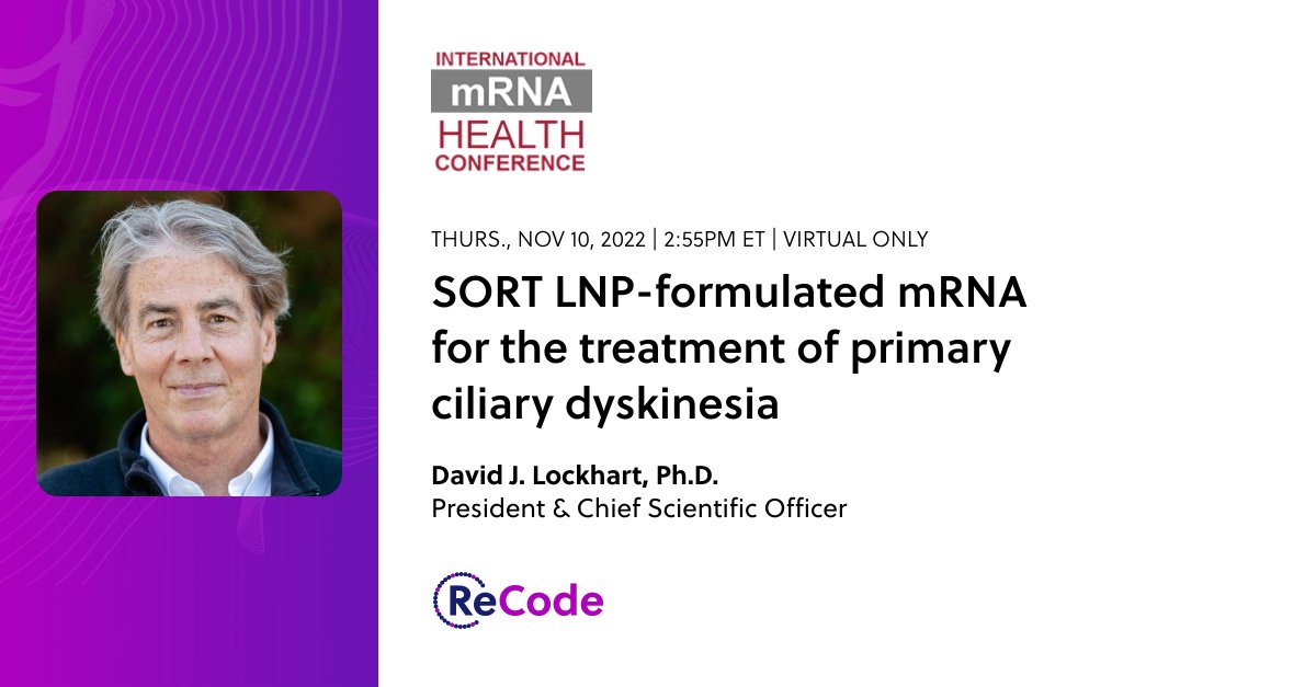We’re at the @mRNAConference this week. Come join our session at 3:10pm ET where David Lockhart, our President and CSO, will be talking about our SORT LNP-formulated mRNA for the treatment of #PrimaryCiliaryDyskinesia.