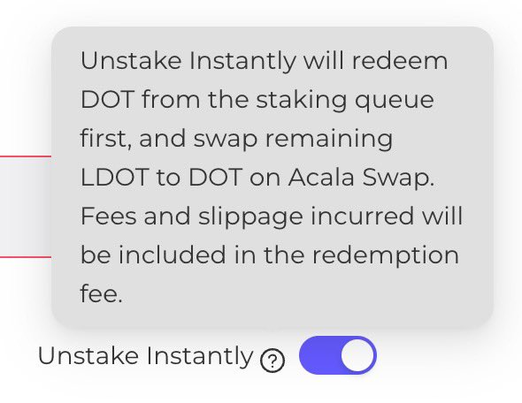 NewsOnTheDOTcom's tweet photo. I am holding my temper as I understand they may be busy.

I cannot believe they have “Unstake Instantly” selected as default upon unstaking your collateral, which shaves off 30% off your original DOT deposit.. without any explanation unless you click on the tiny ? icon https://t.co/a3V7xLrVOf
