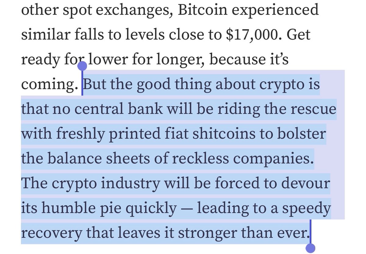 Yep, Arthur Hayes with the insight that I suspect is very counter-intuitive to most folks: the *absence* of an all-powerful central bank who will rescue the crypto-economy from crises is why the crypto-economy will outperform the legacy economy long-term. entrepreneurshandbook.co/speechless-9b1…