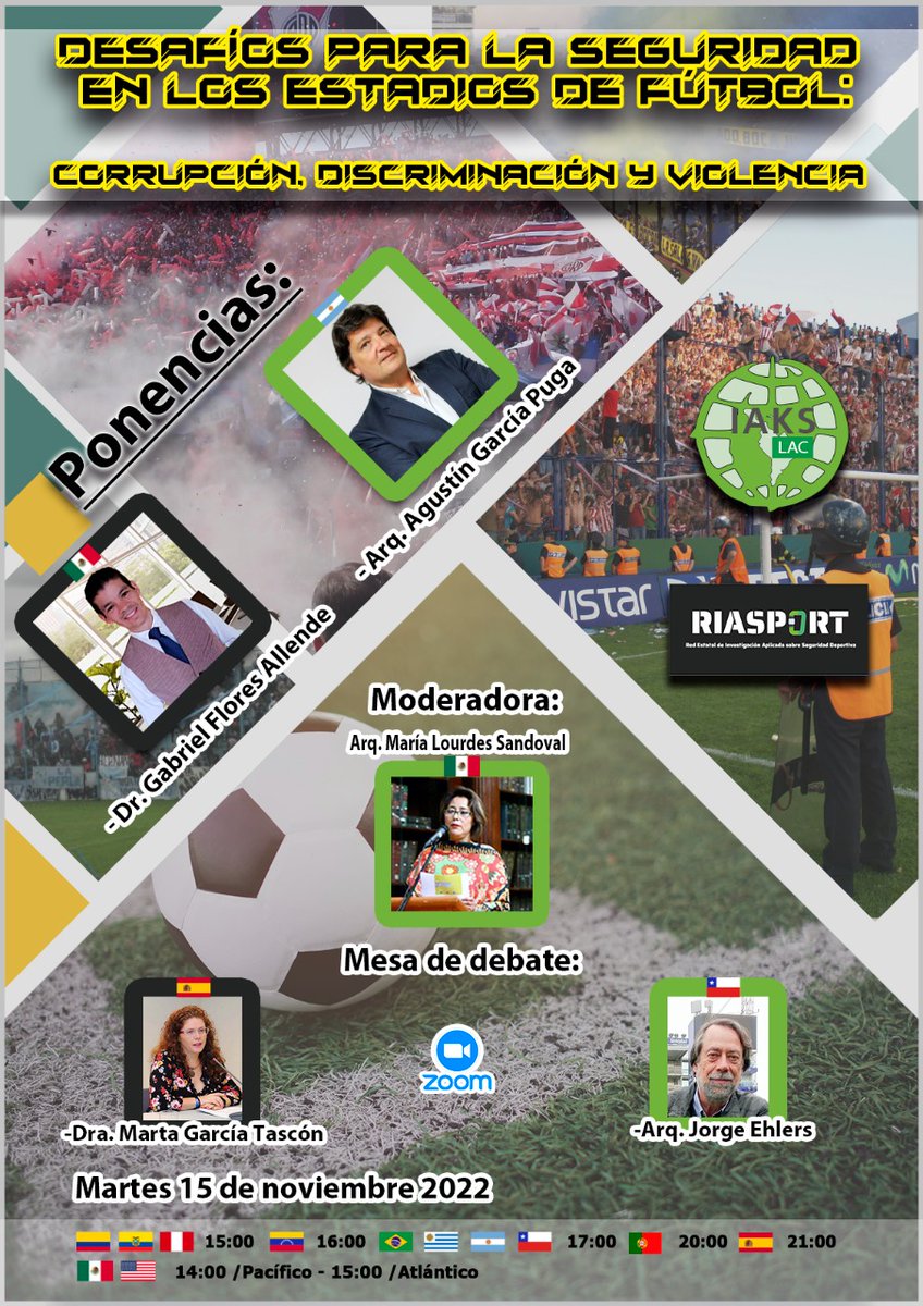 RIASPORTSD's tweet photo. El próximo 15 Noviembre @IaksLac y @RIASPORTSD
os invitan al #webinar: 
"Desafíos para la Seguridad en los Estadios de fútbol. Corrupción, discriminación y violencia". 15/11/2022
@ArqPuga 🇦🇷
@DrFloresAllende 🇲🇽 Marta García Tascón 🇪🇸 y Jorge Ehlers 🇨🇱 Os esperamos ;) https://t.co/LoWNhhHup7