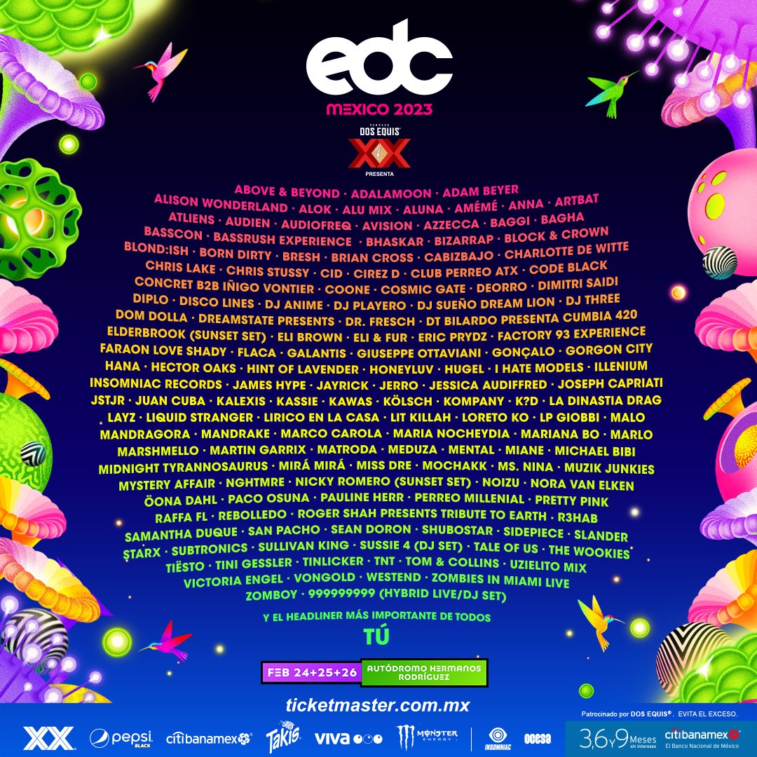 ¡El lineup de #EDCMéxico ha florecido en su totalidad! 🌼⚡Nuestro reencuentro bajo el cielo eléctrico ya tiene fecha, ¡nos vemos el 24+25+26 de febrero! ❤️🔥 Adquieran sus 🎟 aquí: bit.ly/EDC23_OF