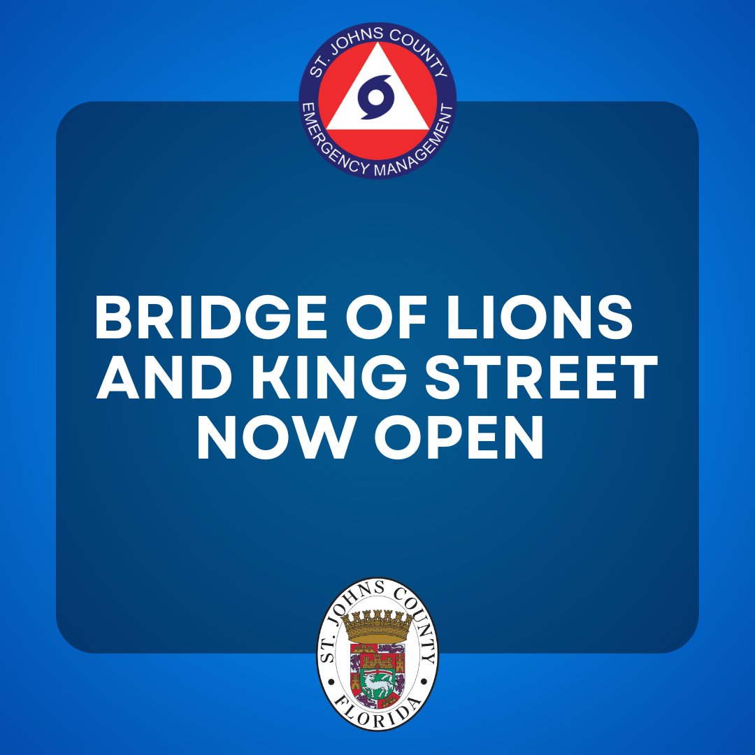 NICOLE UPDATE: Bridge of Lions and King Street now open.

#MySJCFL #Nicole