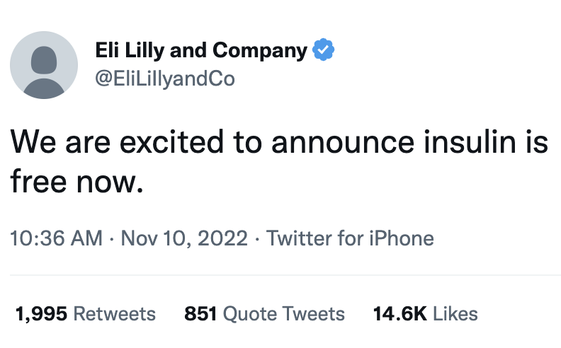 Eli Lilly apologizing for a fake tweet but not for charging $714.87 for a carton of insulin.