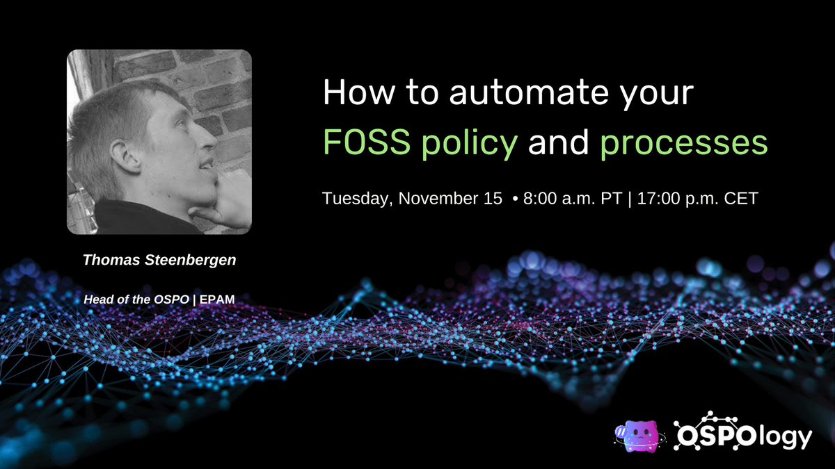 TODO Group (#OSPO) (@todogroup) on Twitter photo Don't miss November #OSPOlogy Session 🍿 How to automate your FOSS policies and processes 🤖 with <a href="/tsteenbe/">Thomas Steenbergen</a> <a href="/EPAMSystems/">EPAM Systems</a> #OSPO
📆 RSVP: community.linuxfoundation.org/events/details… Don't miss November #OSPOlogy Session 🍿 How to automate your FOSS policies and processes 🤖 with <a href="/tsteenbe/">Thomas Steenbergen</a> <a href="/EPAMSystems/">EPAM Systems</a> #OSPO
📆 RSVP: community.linuxfoundation.org/events/details…