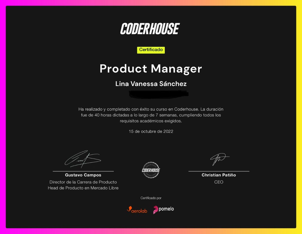 lina_orienta's tweet image. ¡Estoy feliz!! por otro logro en el tema #Producto, mi proyecto fue calificado con 10 en el curso "Product Manager" de @coderhouse 🥳💪
Gracias por hacer el conocimiento IT más accesible #ProductManager
#SoyCoder #Scrum  #Proyectos