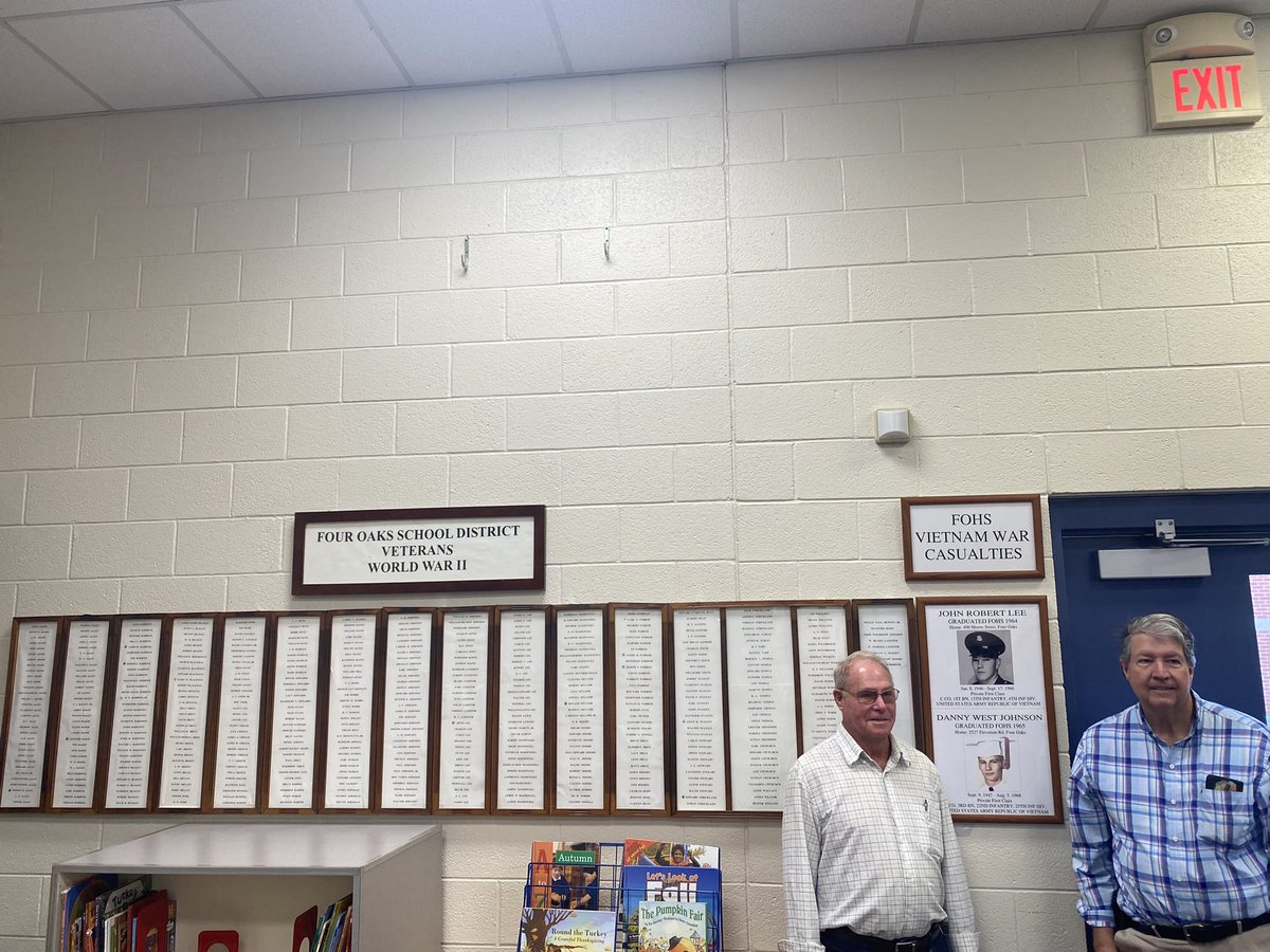 As we celebrate Veteran’s Day tomorrow we wanted to share that our schools effort to remember local Veteran’s. Dennis Lee (left) and Wayne Stewart (right) maintain a display in our media center honoring Four Oaks WWII Veterans.