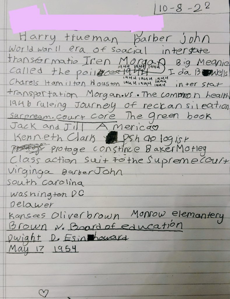 ProfSBradley's tweet image. Man, look at the notes that my elementary school kiddo took when attending my AfAm History class on election day! These are better than some of my college students' notes. Peep the "Big Meanie" description of the bus driver who had Irene Morgan arrested! #lilgenius