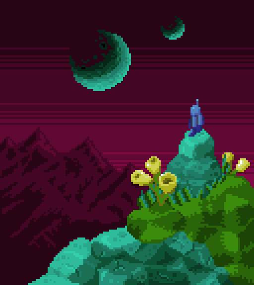 KevinMakesStuff's tweet photo. Just a random #pixelart doodle. Who is this guy? What is he doing? I have no idea, but I like how the rock textures came out. https://t.co/TS0OFjXVlk