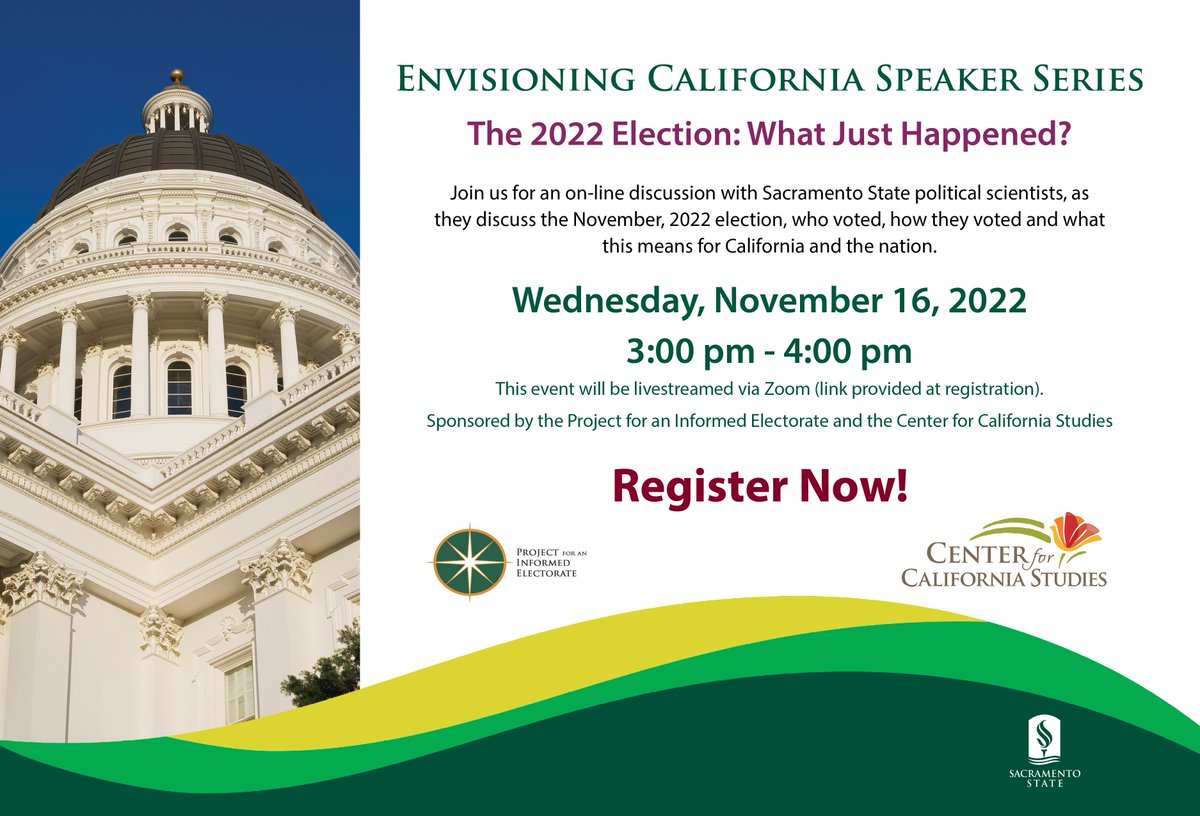 CalStudiesCSUS's tweet image. Join us Wednesday, 11/16 at 3 pm for "The 2022 Election: What Just Happened?," a virtual discussion and analysis of the 2022 election. Co-sponsored with @PIESacState. Register here: csus.zoom.us/webinar/regist…
