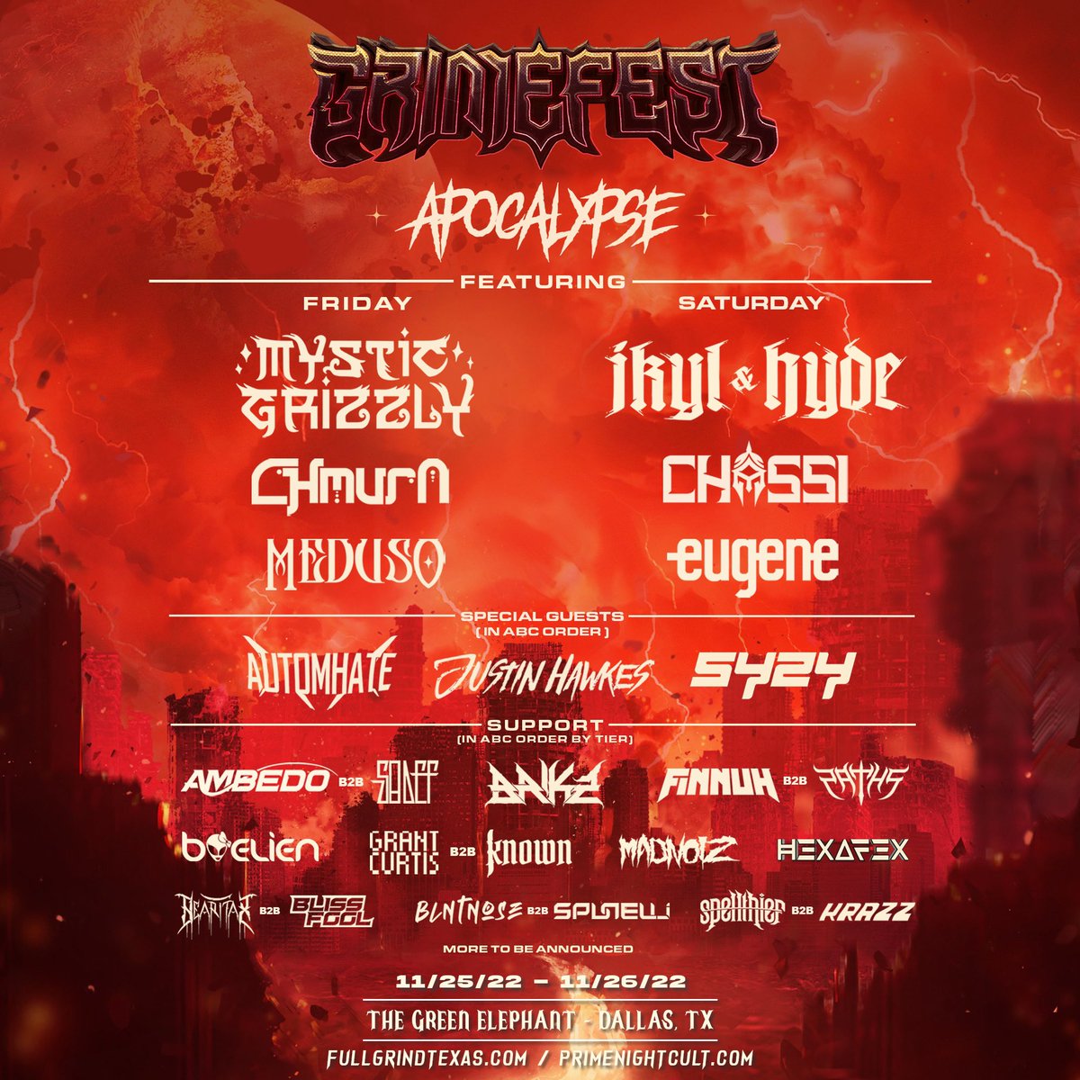 GRIME_FEST's tweet photo. JUST ANNOUNCED YOUR PHASE 2 LINE-UP FOR GRIMEFEST APOCALYPSE!!

DAY 1:
MYSTIC GRIZZLY
CHMURA
MEDUSO
BRIKZ
Special Guest: SYZY 😈

DAY 2:
JKYL &amp; HYDE
CHASSI
EUGENE
JUSTIN HAWKES
Special Guest: AUTOMHATE 😈

+ many more talented artists… 😤 https://t.co/AuG6gowYga